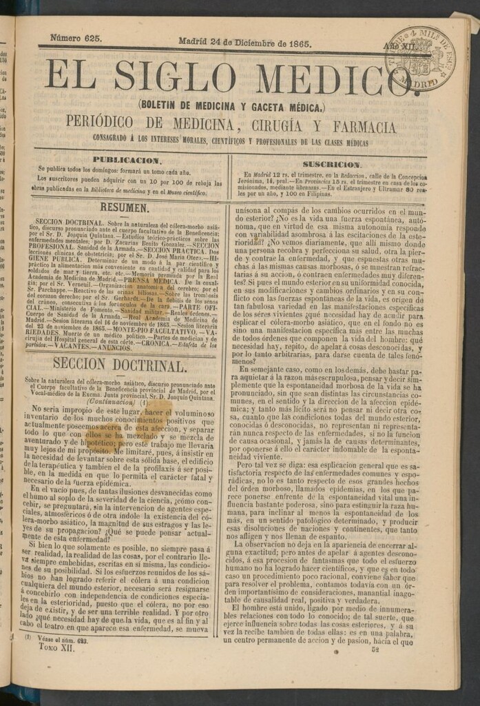 Miniatura de El Siglo Médico: boletín de medicina y gaceta médica del 24 de diciembre de 1865