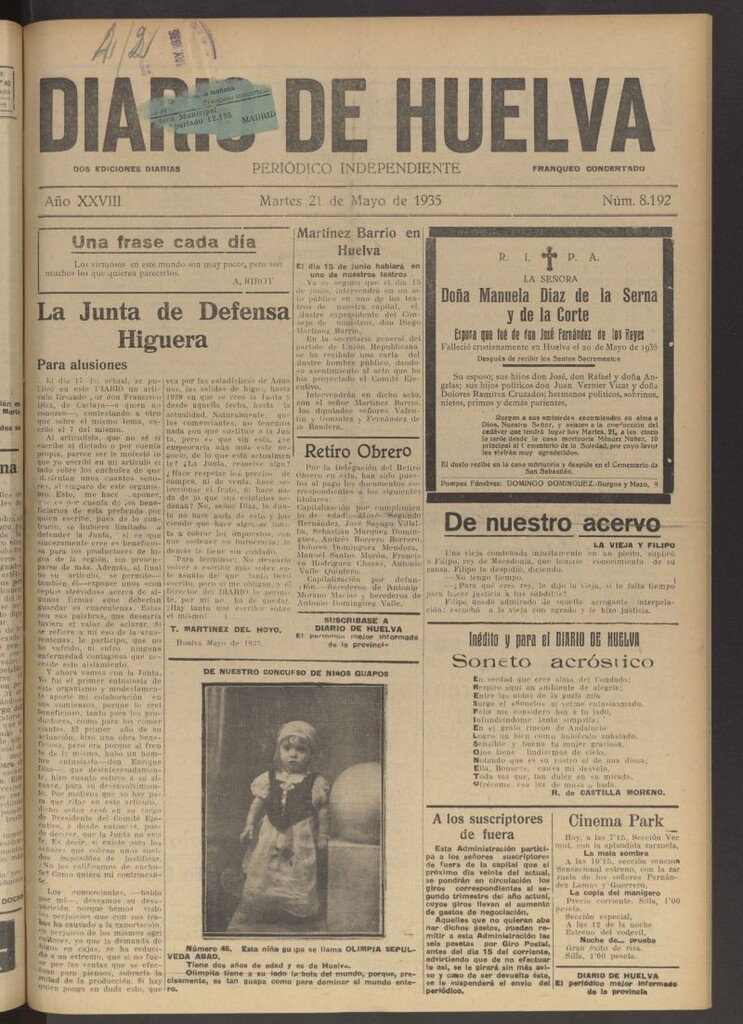Miniatura de Diario de Huelva : periódico independiente del 21 de mayo de 1935