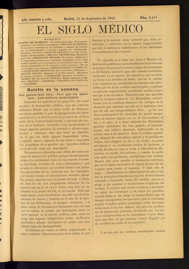 Miniatura de El Siglo Médico: boletín de medicina y gaceta médica del 22 de septiembre de 1901