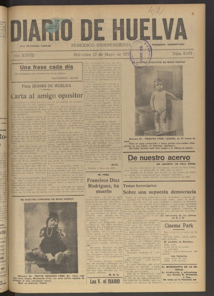 Miniatura de Diario de Huelva : periódico independiente del 22 de mayo de 1935