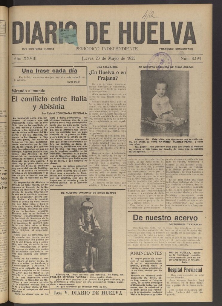 Miniatura de Diario de Huelva : periódico independiente del 23 de mayo de 1935