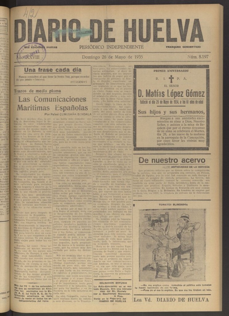 Miniatura de Diario de Huelva : periódico independiente del 26 de mayo de 1935