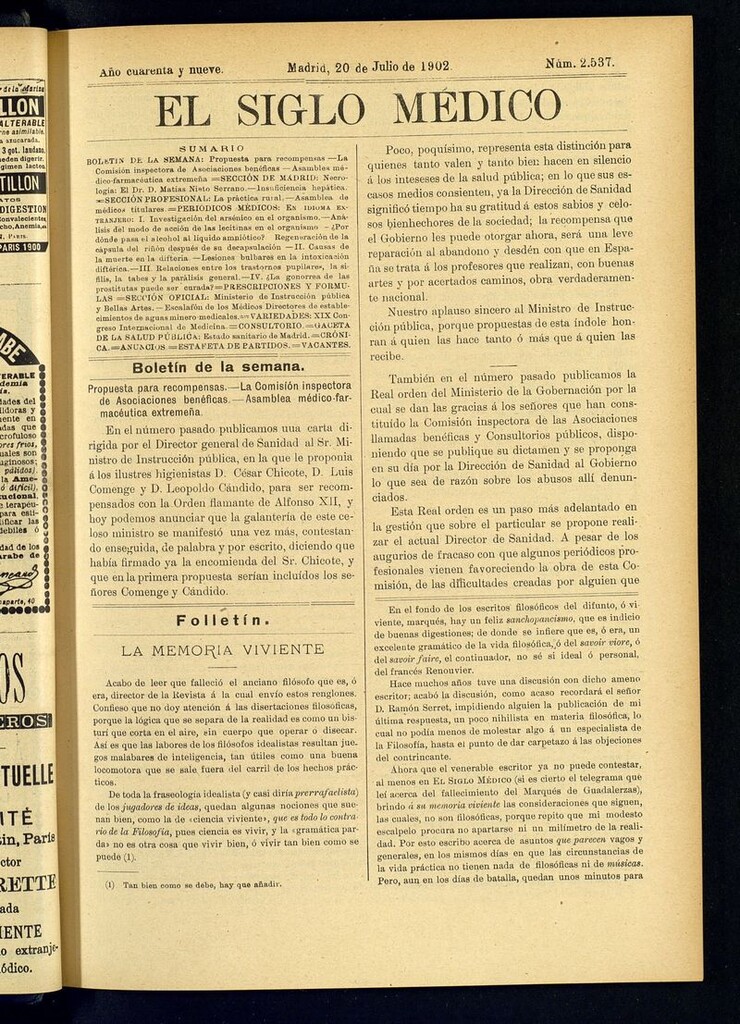 Miniatura de El Siglo Médico: boletín de medicina y gaceta médica del 20 de julio de 1902