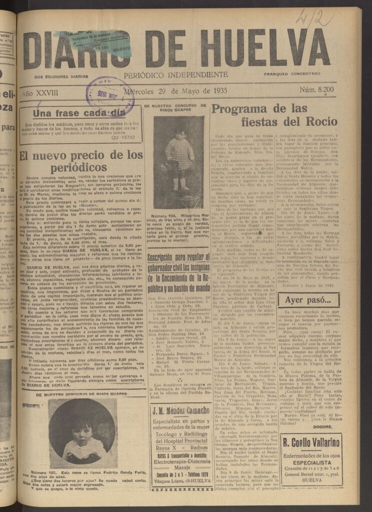 Miniatura de Diario de Huelva : periódico independiente del 29 de mayo de 1935
