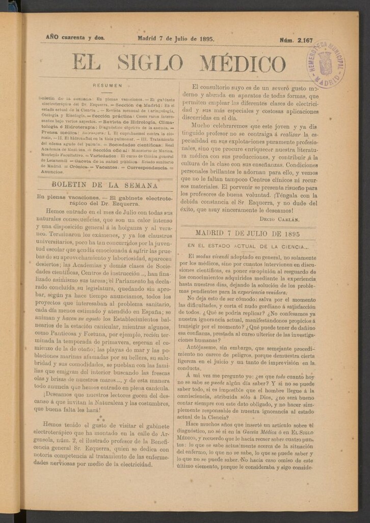 Miniatura de El Siglo Médico: boletín de medicina y gaceta médica del 7 de julio de 1895