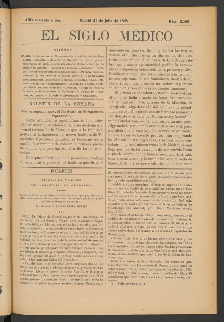 Miniatura de El Siglo Médico: boletín de medicina y gaceta médica del 21 de julio de 1895