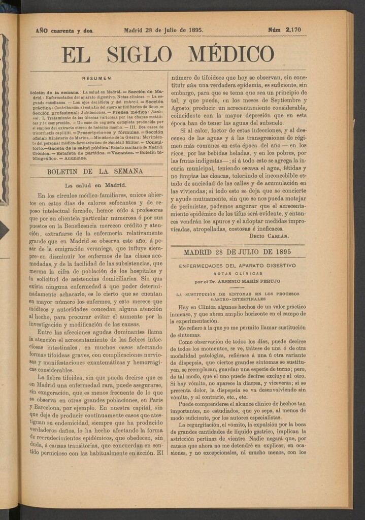 Miniatura de El Siglo Médico: boletín de medicina y gaceta médica del 28 de julio de 1895