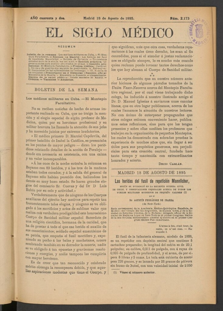 Miniatura de El Siglo Médico: boletín de medicina y gaceta médica del 18 de agosto de 1895