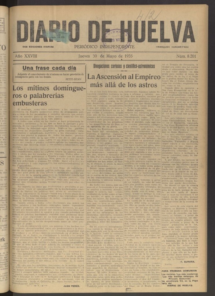 Miniatura de Diario de Huelva : periódico independiente del 30 de mayo de 1935