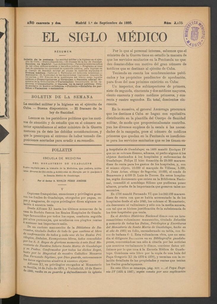 Miniatura de El Siglo Médico: boletín de medicina y gaceta médica del 1 de septiembre de 1895