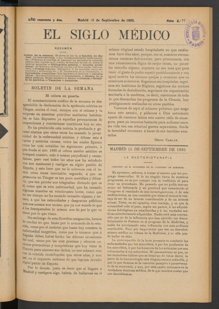 Miniatura de El Siglo Médico: boletín de medicina y gaceta médica del 15 de septiembre de 1895