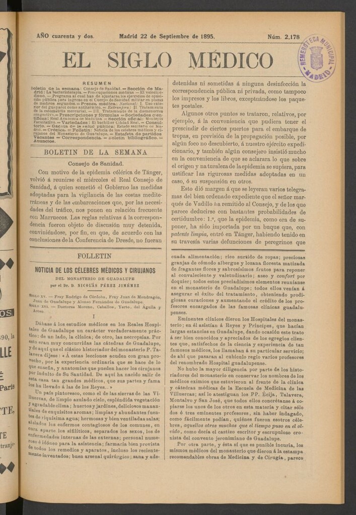 Miniatura de El Siglo Médico: boletín de medicina y gaceta médica del 22 de septiembre de 1895
