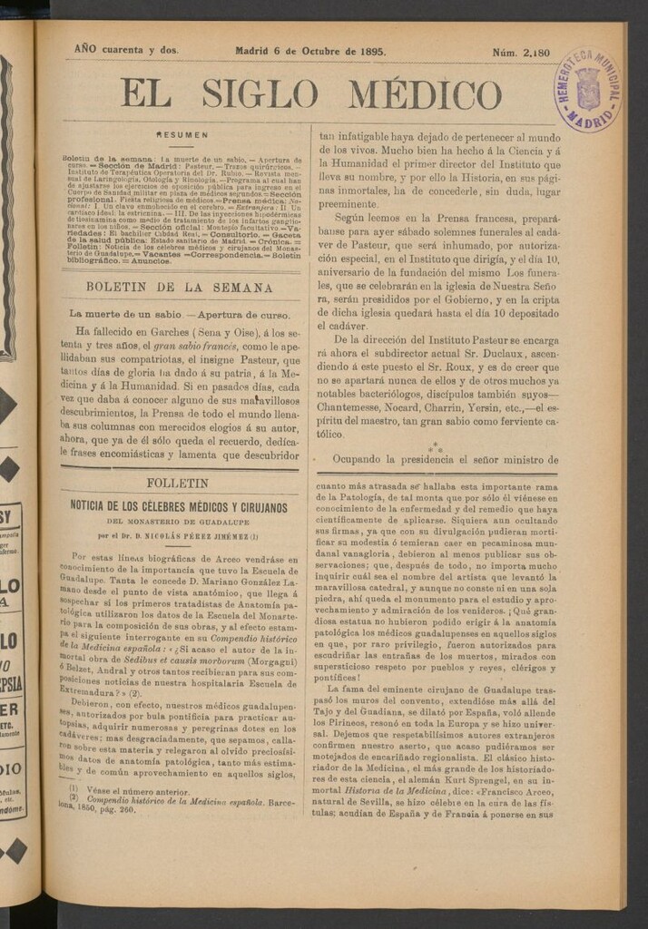 Miniatura de El Siglo Médico: boletín de medicina y gaceta médica del 6 de octubre de 1895