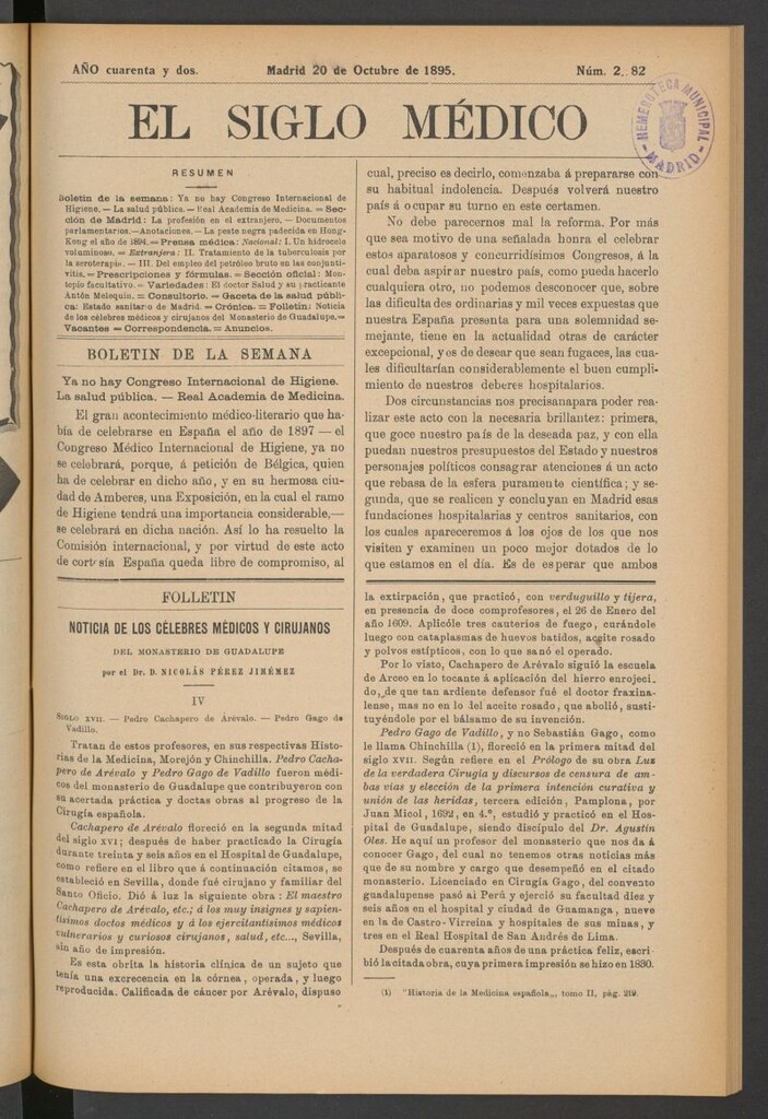 Miniatura de El Siglo Médico: boletín de medicina y gaceta médica del 20 de octubre de 1895