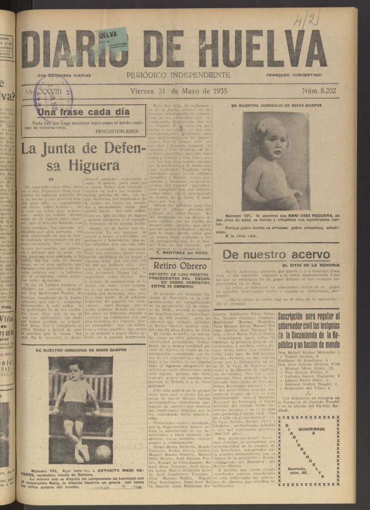 Miniatura de Diario de Huelva : periódico independiente del 31 de mayo de 1935