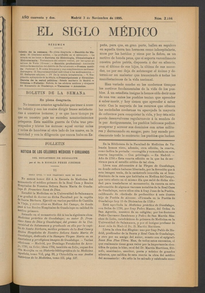 Miniatura de El Siglo Médico: boletín de medicina y gaceta médica del 3 de noviembre de 1895