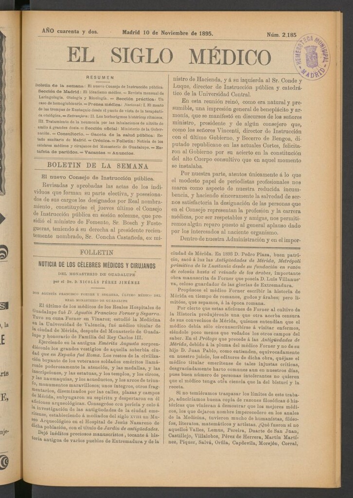 Miniatura de El Siglo Médico: boletín de medicina y gaceta médica del 10 de noviembre de 1895