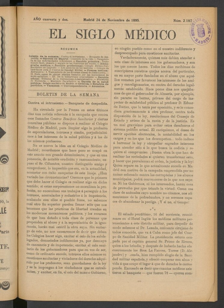 Miniatura de El Siglo Médico: boletín de medicina y gaceta médica del 24 de noviembre de 1895