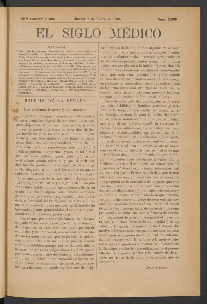 Miniatura de El Siglo Médico: boletín de medicina y gaceta médica del 7 de enero de 1894
