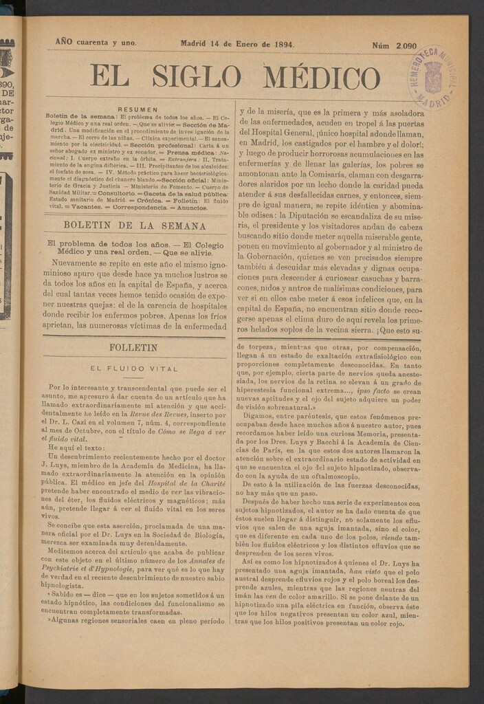 Miniatura de El Siglo Médico: boletín de medicina y gaceta médica del 14 de enero de 1894