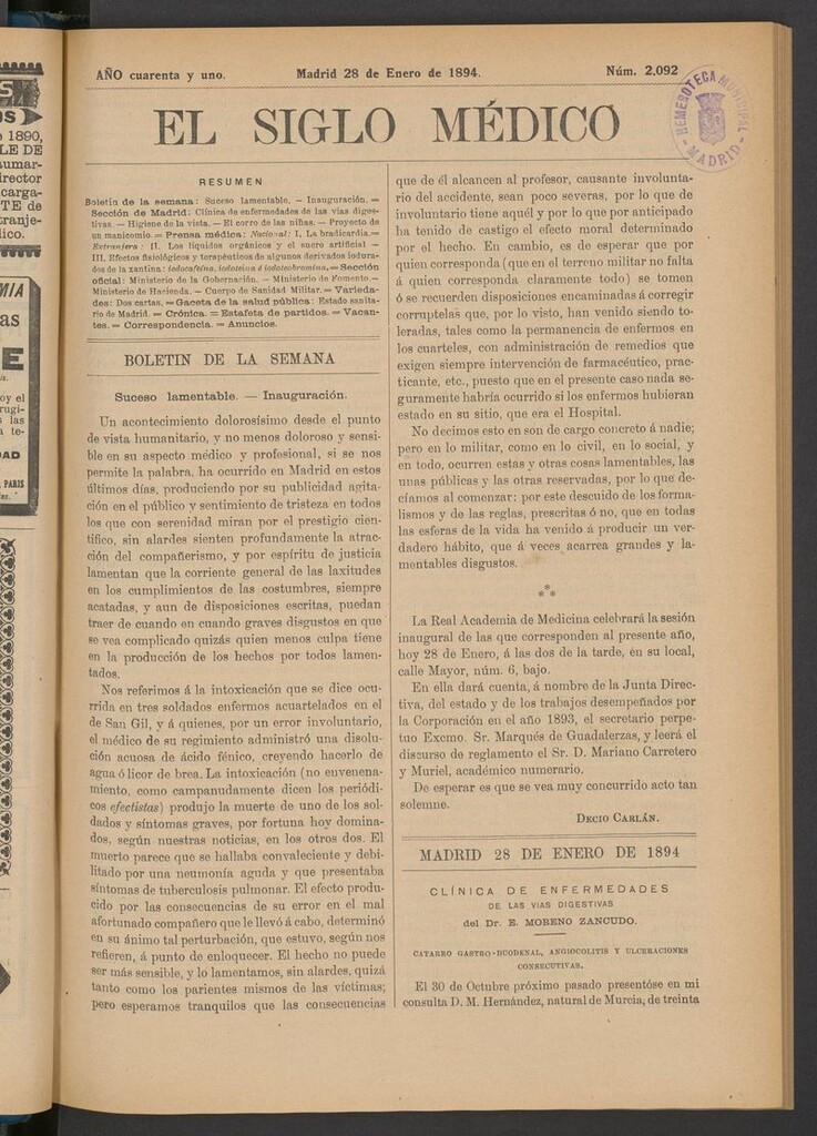 Miniatura de El Siglo Médico: boletín de medicina y gaceta médica del 28 de enero de 1894