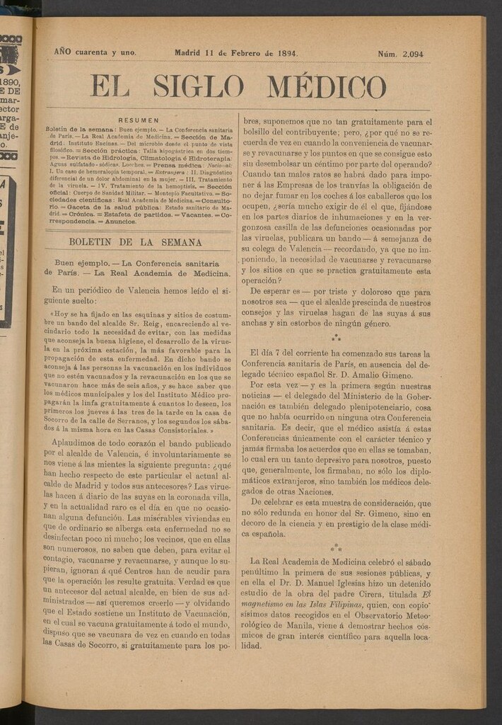 Miniatura de El Siglo Médico: boletín de medicina y gaceta médica del 11 de febrero de 1894