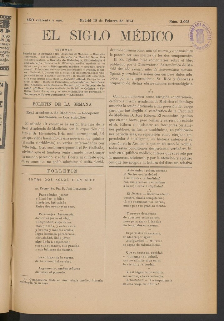 Miniatura de El Siglo Médico: boletín de medicina y gaceta médica del 18 de febrero de 1894