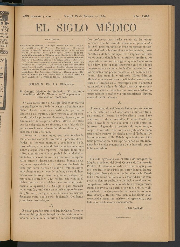 Miniatura de El Siglo Médico: boletín de medicina y gaceta médica del 25 de febrero de 1894