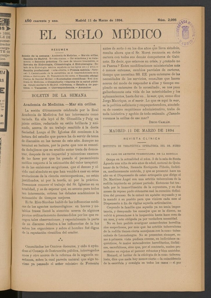 Miniatura de El Siglo Médico: boletín de medicina y gaceta médica del 11 de marzo de 1894