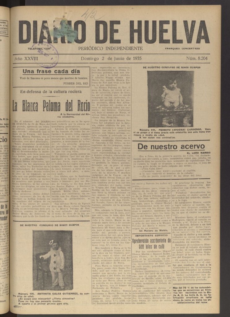 Miniatura de Diario de Huelva : periódico independiente del 2 de junio de 1935