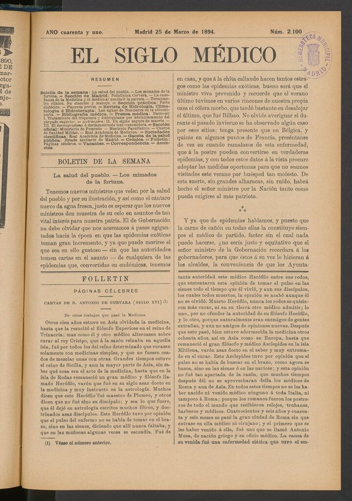 Miniatura de El Siglo Médico: boletín de medicina y gaceta médica del 25 de marzo de 1894