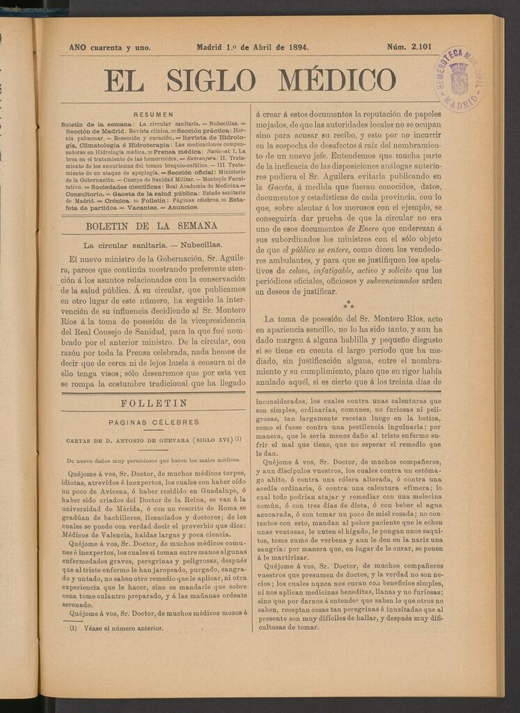 Miniatura de El Siglo Médico: boletín de medicina y gaceta médica del 1 de abril de 1894