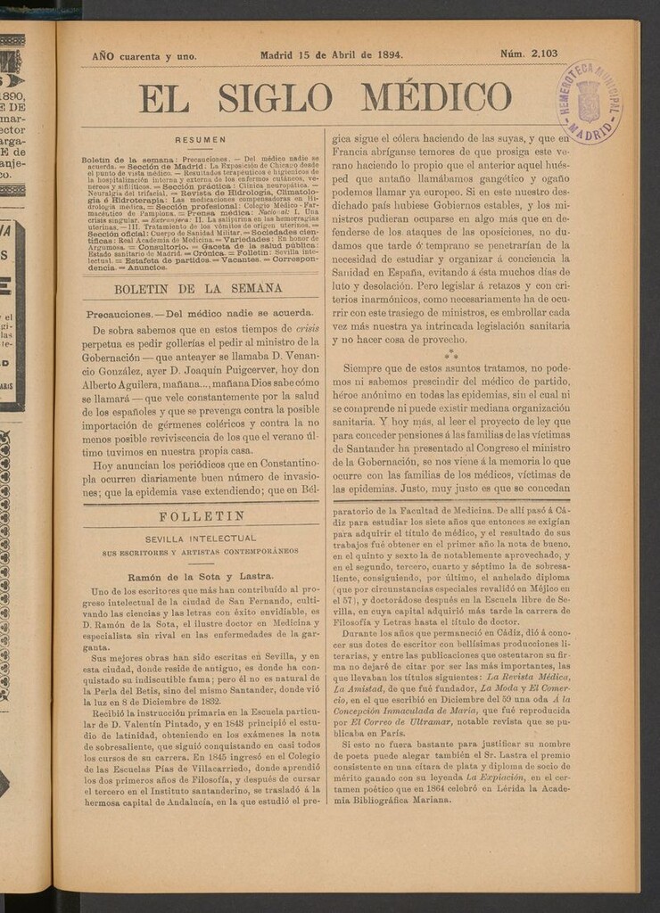 Miniatura de El Siglo Médico: boletín de medicina y gaceta médica del 15 de abril de 1894