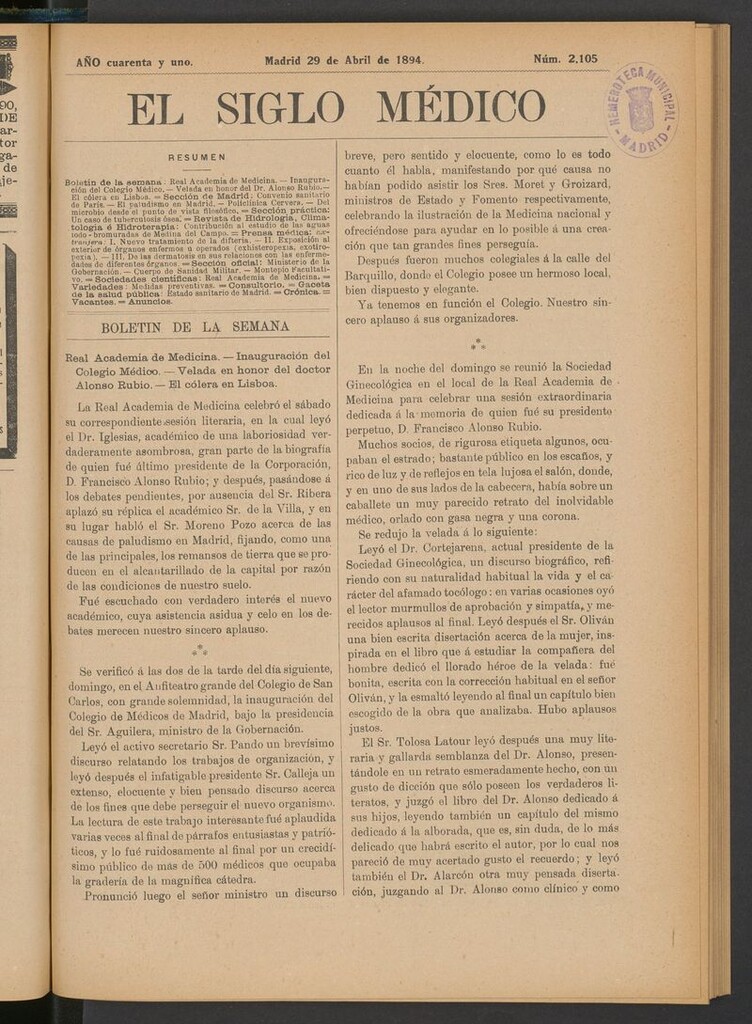 Miniatura de El Siglo Médico: boletín de medicina y gaceta médica del 29 de abril de 1894