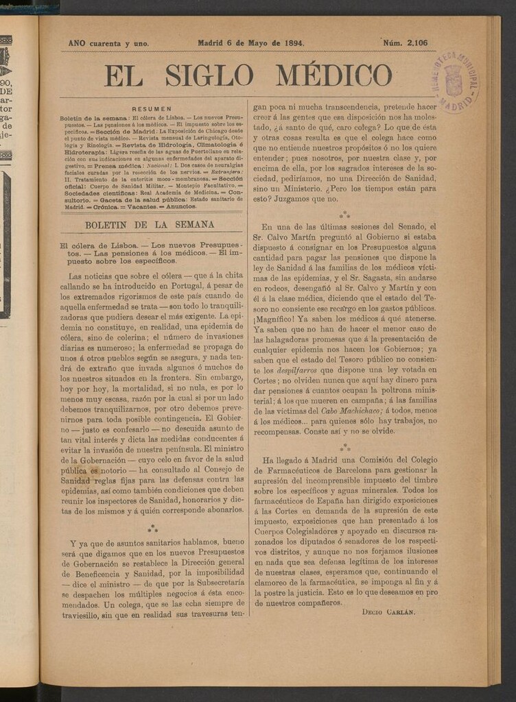 Miniatura de El Siglo Médico: boletín de medicina y gaceta médica del 6 de mayo de 1894
