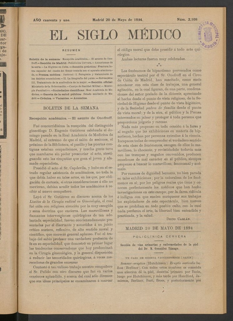 Miniatura de El Siglo Médico: boletín de medicina y gaceta médica del 20 de mayo de 1894