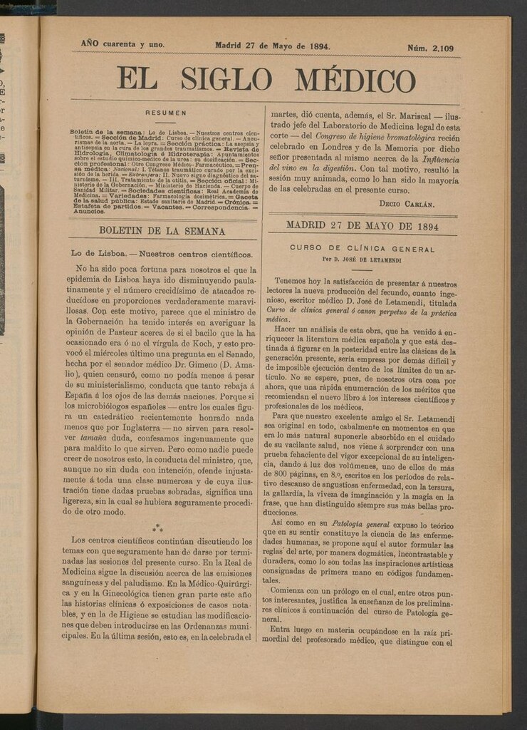 Miniatura de El Siglo Médico: boletín de medicina y gaceta médica del 27 de mayo de 1894