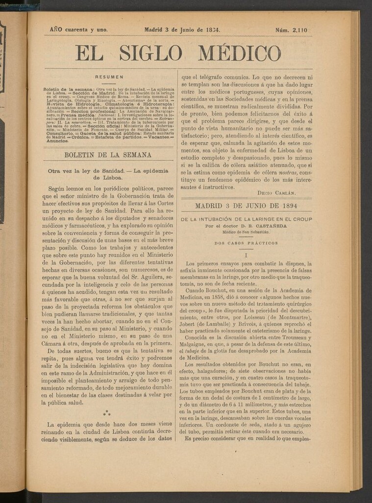 Miniatura de El Siglo Médico: boletín de medicina y gaceta médica del 3 de junio de 1894