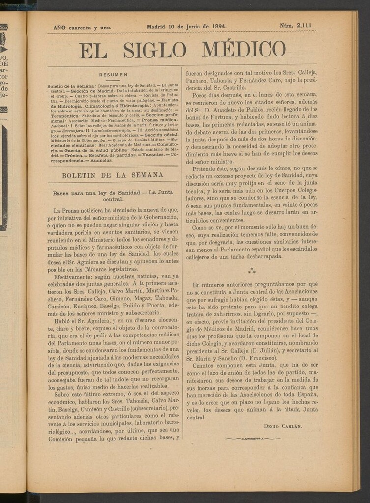 Miniatura de El Siglo Médico: boletín de medicina y gaceta médica del 10 de junio de 1894