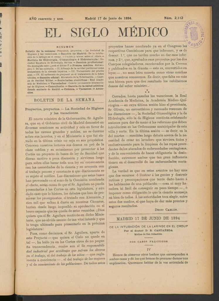 Miniatura de El Siglo Médico: boletín de medicina y gaceta médica del 17 de junio de 1894