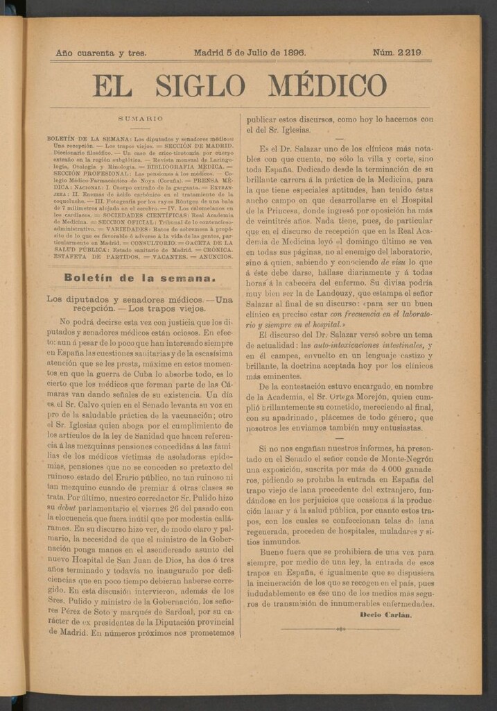 Miniatura de El Siglo Médico: boletín de medicina y gaceta médica del 5 de julio de 1896