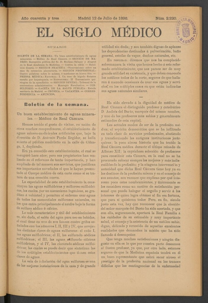 Miniatura de El Siglo Médico: boletín de medicina y gaceta médica del 12 de julio de 1896