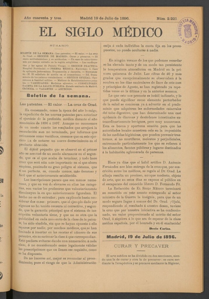 Miniatura de El Siglo Médico: boletín de medicina y gaceta médica del 19 de julio de 1896