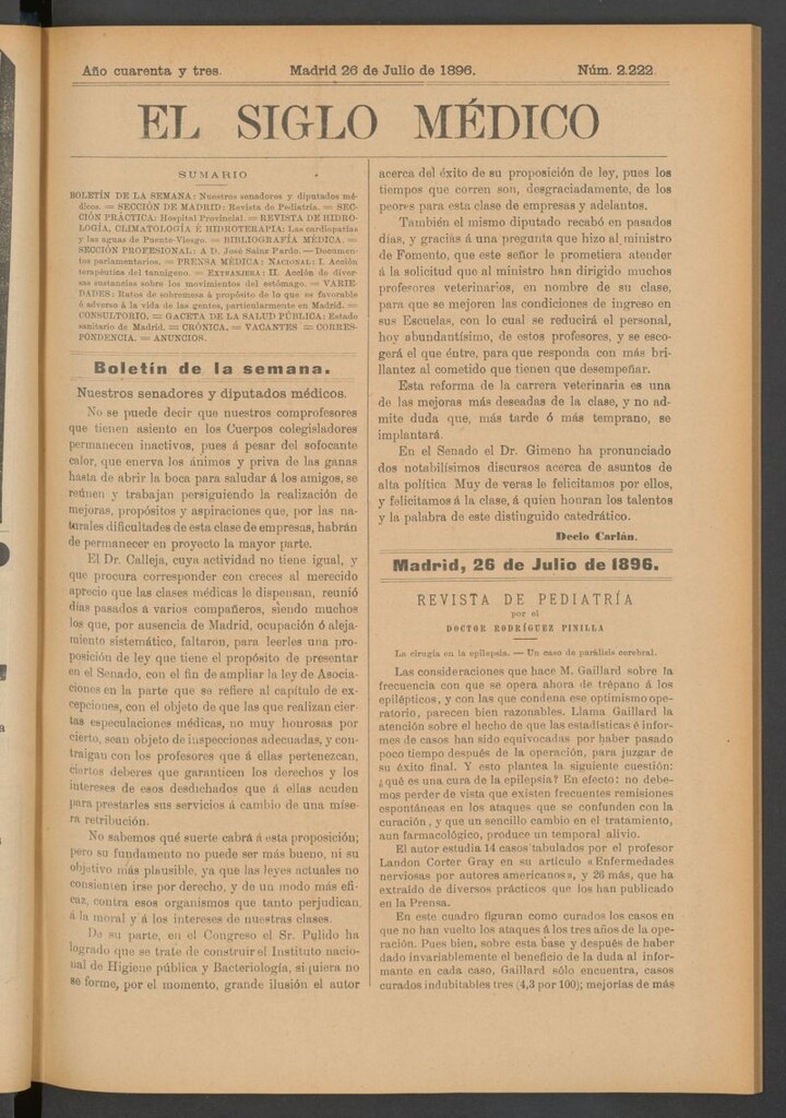 Miniatura de El Siglo Médico: boletín de medicina y gaceta médica del 26 de julio de 1896