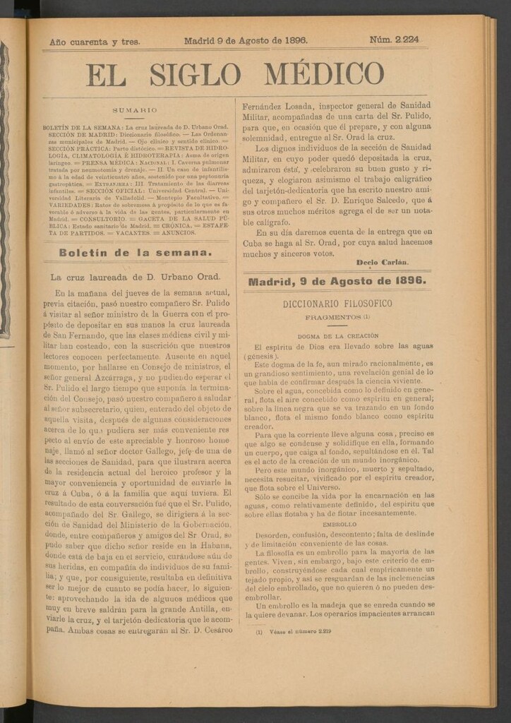 Miniatura de El Siglo Médico: boletín de medicina y gaceta médica del 9 de agosto de 1896