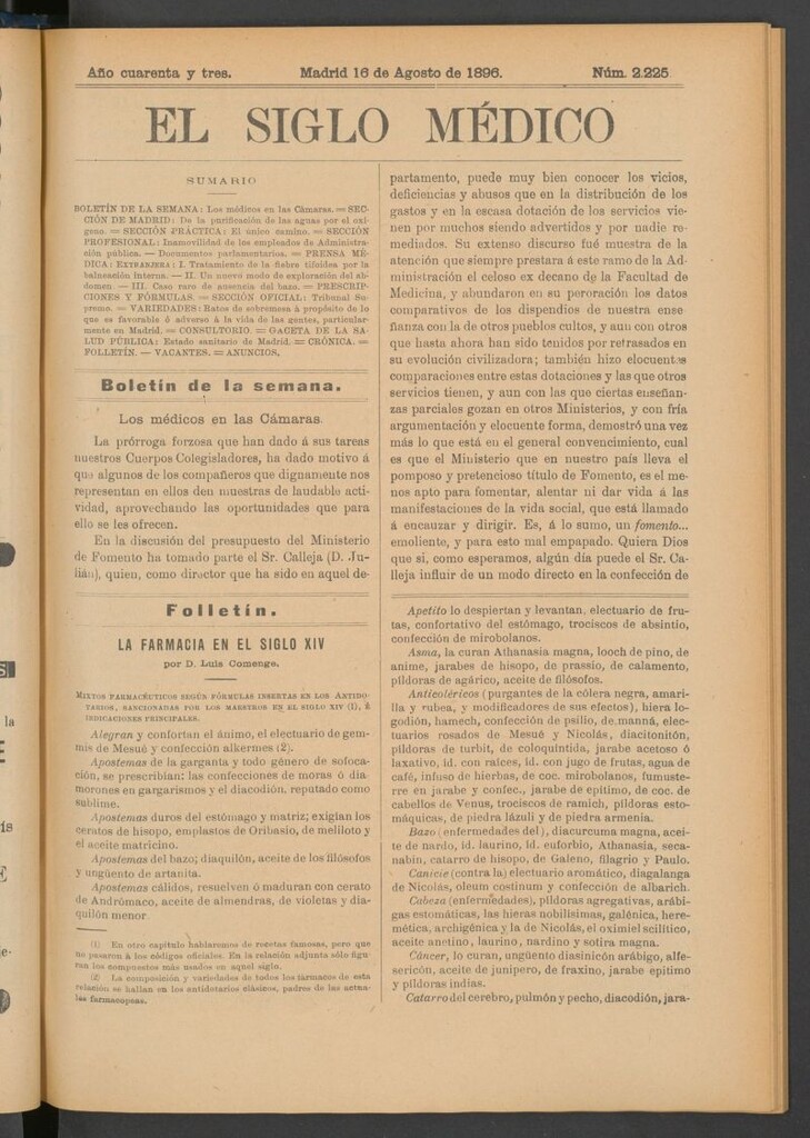 Miniatura de El Siglo Médico: boletín de medicina y gaceta médica del 16 de agosto de 1896