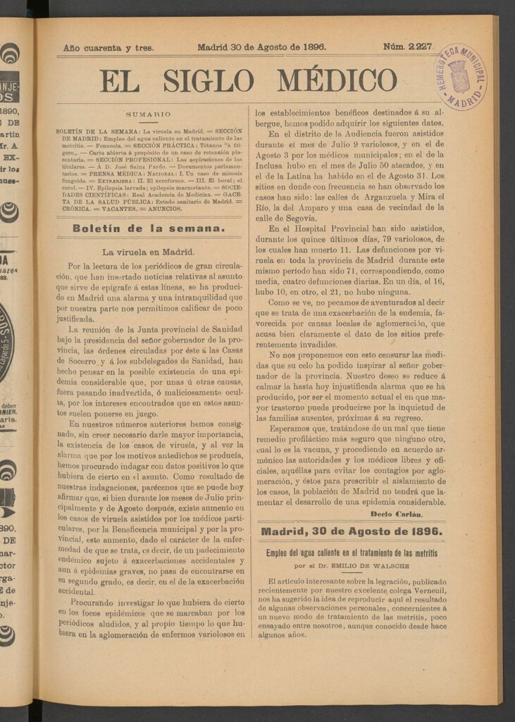 Miniatura de El Siglo Médico: boletín de medicina y gaceta médica del 30 de agosto de 1896