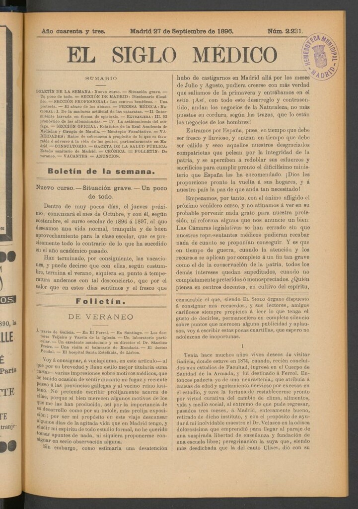 Miniatura de El Siglo Médico: boletín de medicina y gaceta médica del 27 de septiembre de 1896