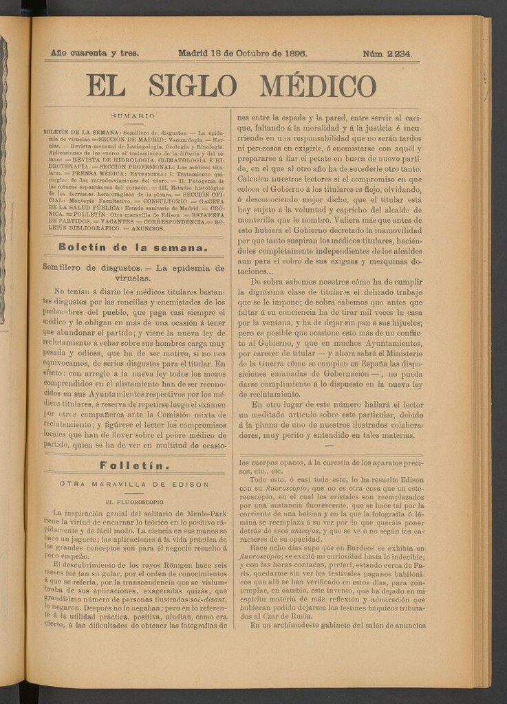 Miniatura de El Siglo Médico: boletín de medicina y gaceta médica del 18 de octubre de 1896