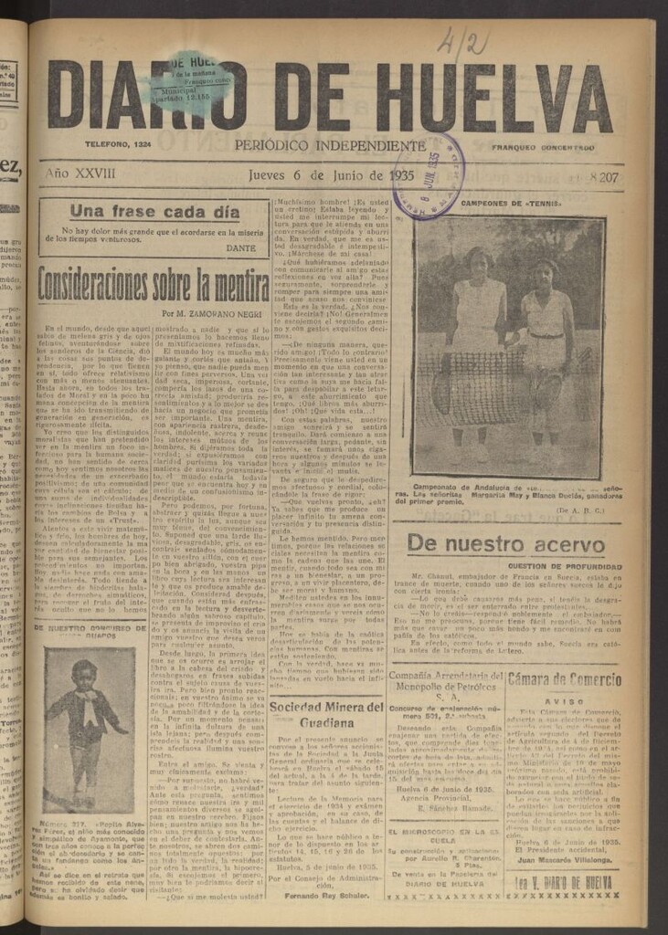 Miniatura de Diario de Huelva : periódico independiente del 6 de junio de 1935